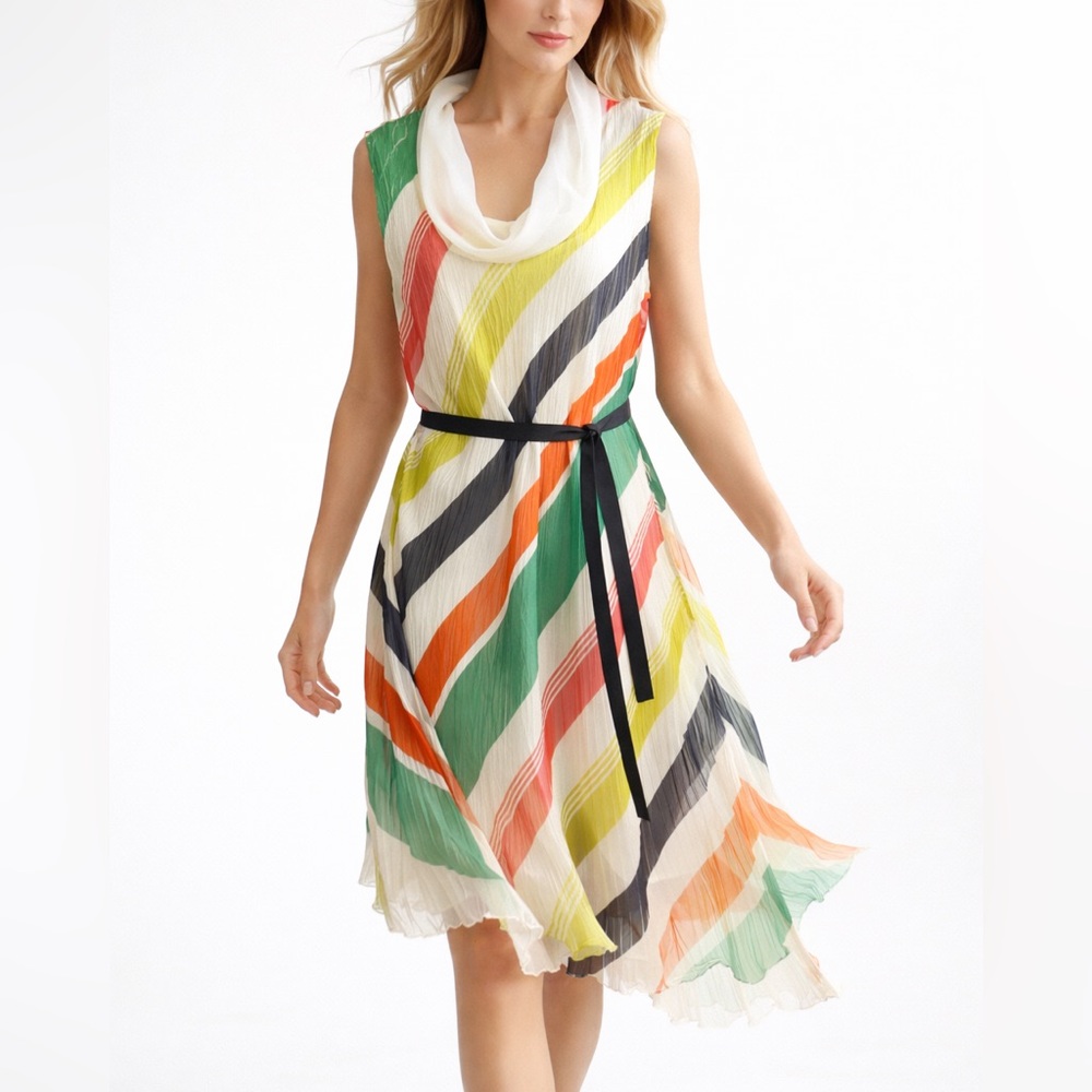 Komarov Striped Chiffon Dress M  Cowl Neck Layered Asymmetrical Cocktail NEW